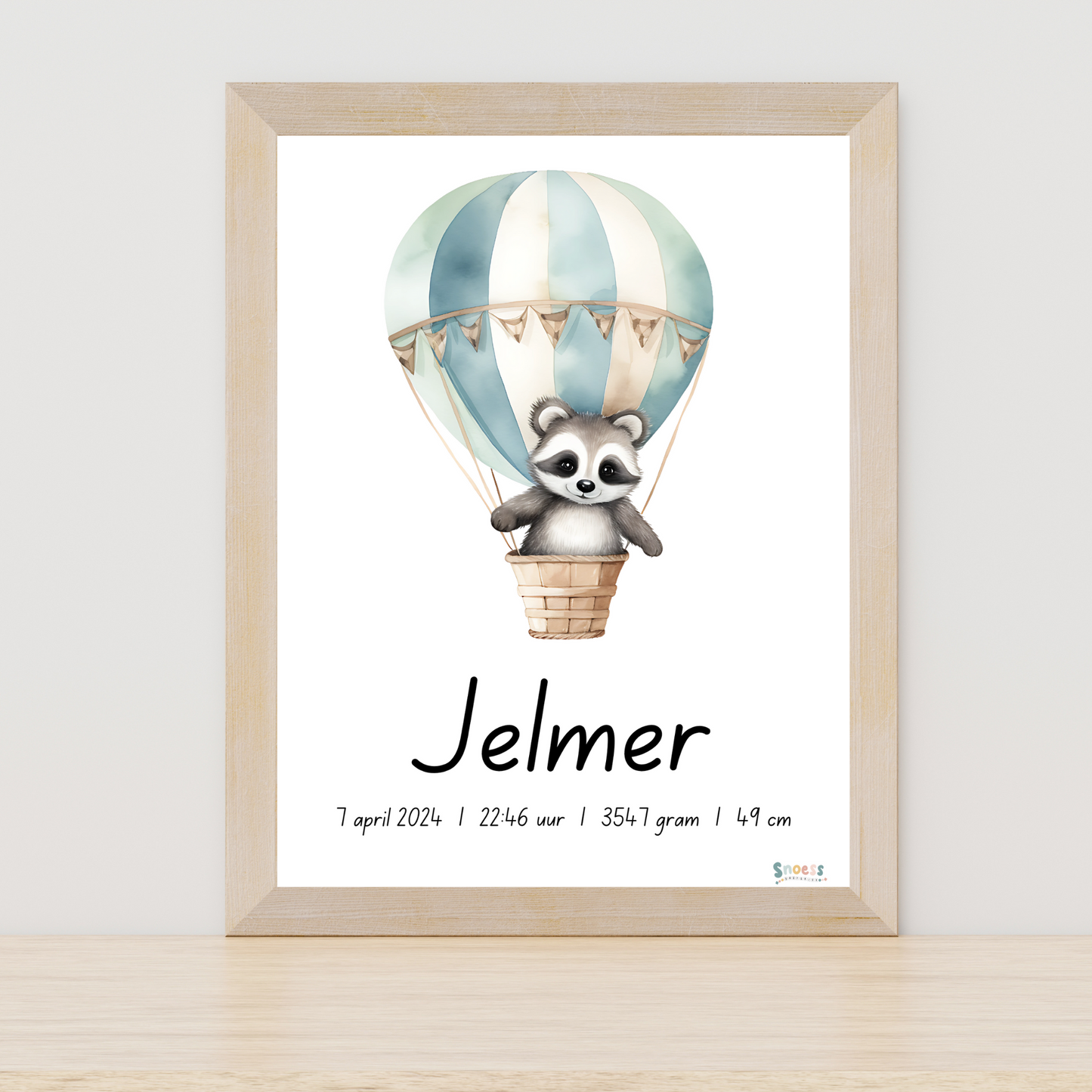 Geboorteposter - Wasbeer in luchtballon