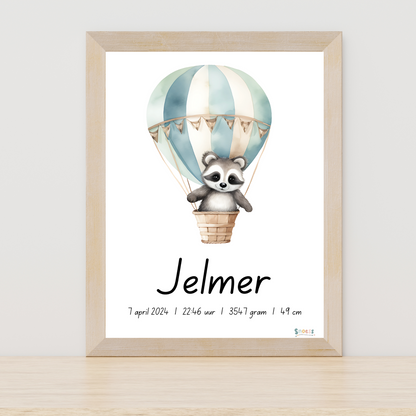 Geboorteposter - Wasbeer in luchtballon